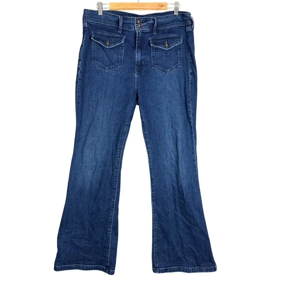 Gap 70s Flare High Rise Trouser Jeans 33 16 Flap Pockets Dark Wash